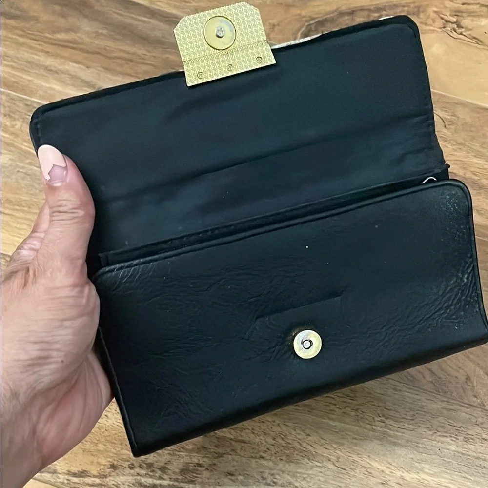 Nicole Miller Black Leather and Leopard Print Wallet with Gold Hardware